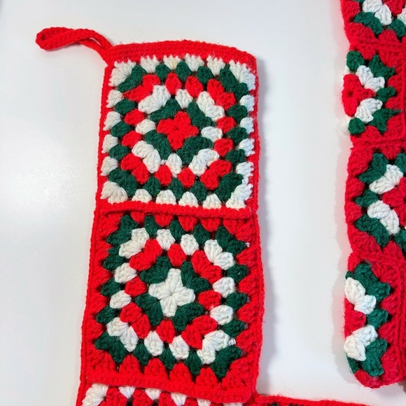 Vtg Granny Square Christmas Stocking Set Red Hand Crocheted 70s Holiday Decor - Picture 3 of 11